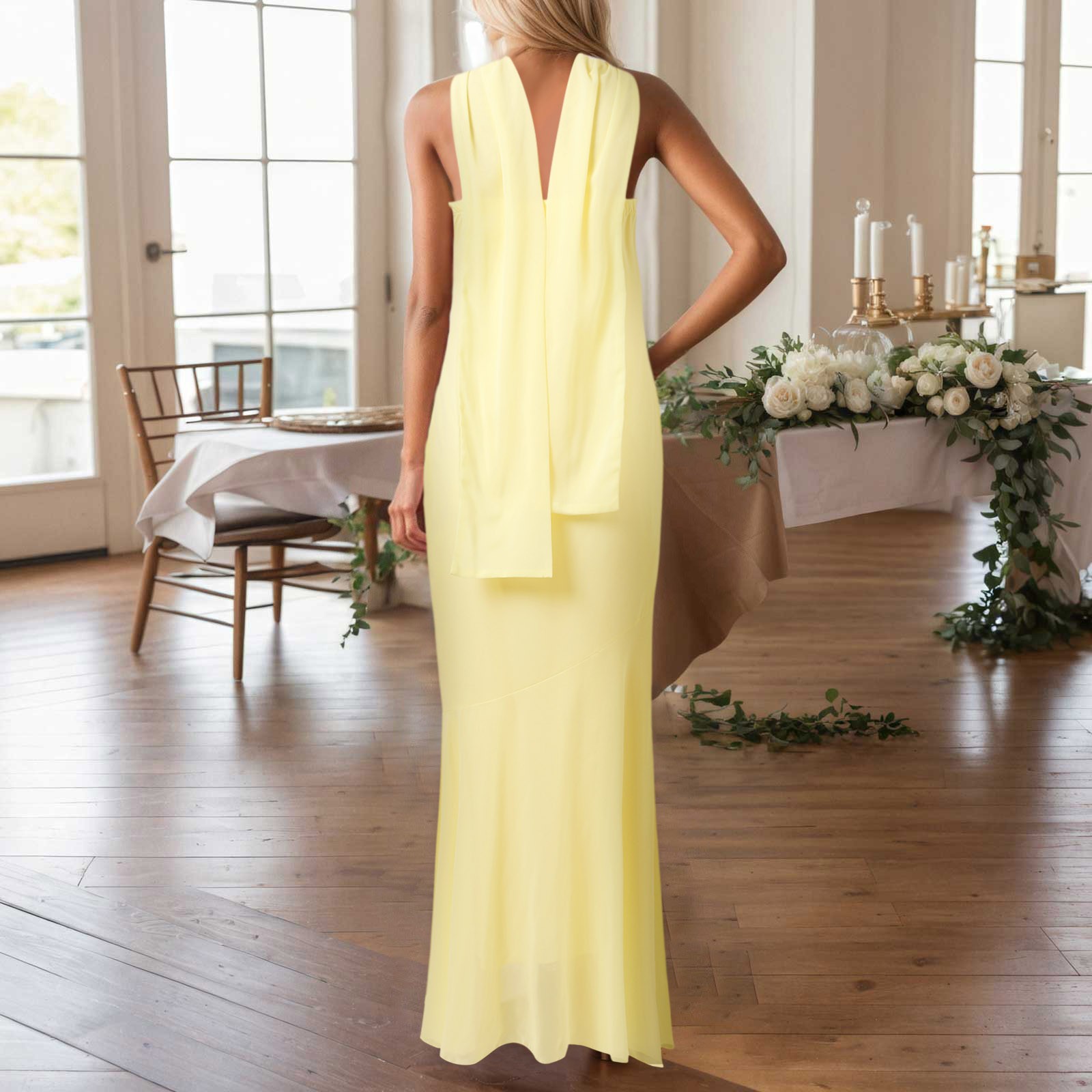 thumbnail image 3 of Vestido largo elegante y ajustado para mujer - Vestido largo de fiesta con cuello en V para invitadas a bodas y cócteles, 3 of 8
